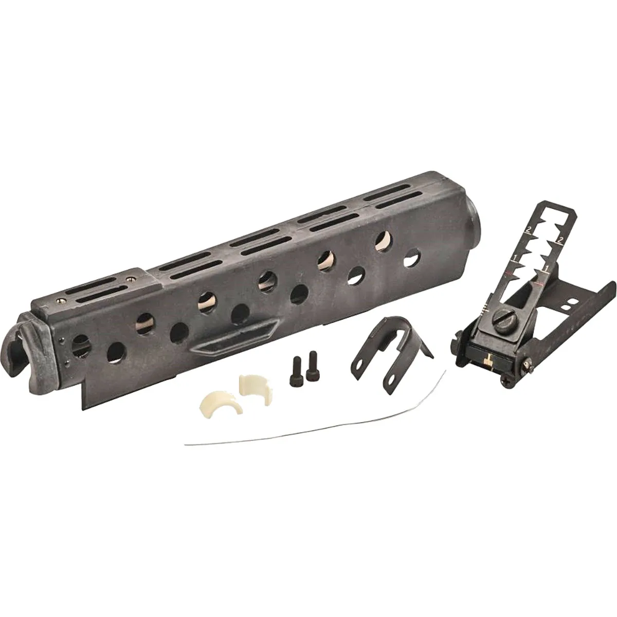 LMT M203 Rifle-Length Mounting Kit with black leaf sight for 20-inch A2 rifle barrels – precision-engineered hardware for mounting standard 40mm M203 grenade launchers. Available at Pathfinder Militaria.