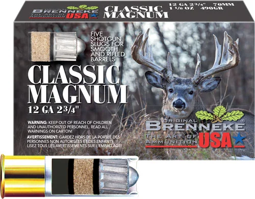 BRENNEKE USA CLASSIC MAG 12GA - 2.75" 1-1/8OZ SLUG 5RD 50BX/CS 1 BRENNEKE USA CLASSIC MAG 12GA - 2.75" 1-1/8OZ SLUG 5RD 50BX/CS