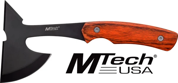 MC MTECH 9" TOMAHAWK W/SHEATH - 3" BLACK BLADE PAKKAWOOD HNDL 1 MC MTECH 9" TOMAHAWK W/SHEATH - 3" BLACK BLADE PAKKAWOOD HNDL