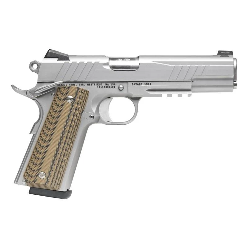 Savage 1911 Gov't Style Handgun .45 Auto 8rd Magazines (2) 5" Barrel Stainless Steel with Rail 1 Savage 1911 Gov't Style Handgun .45 Auto 8rd Magazines (2) 5" Barrel Stainless Steel with Rail