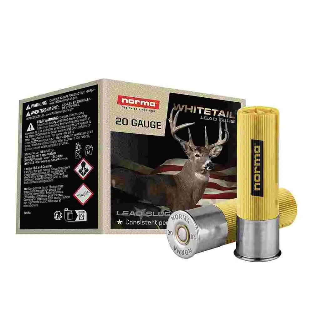 Norma WhiteTail Shotshells 20ga 2-3/4" 7/8oz 1345 fps Slug 25/ct 1 Norma WhiteTail Shotshells 20ga 2-3/4" 7/8oz 1345 fps Slug 25/ct