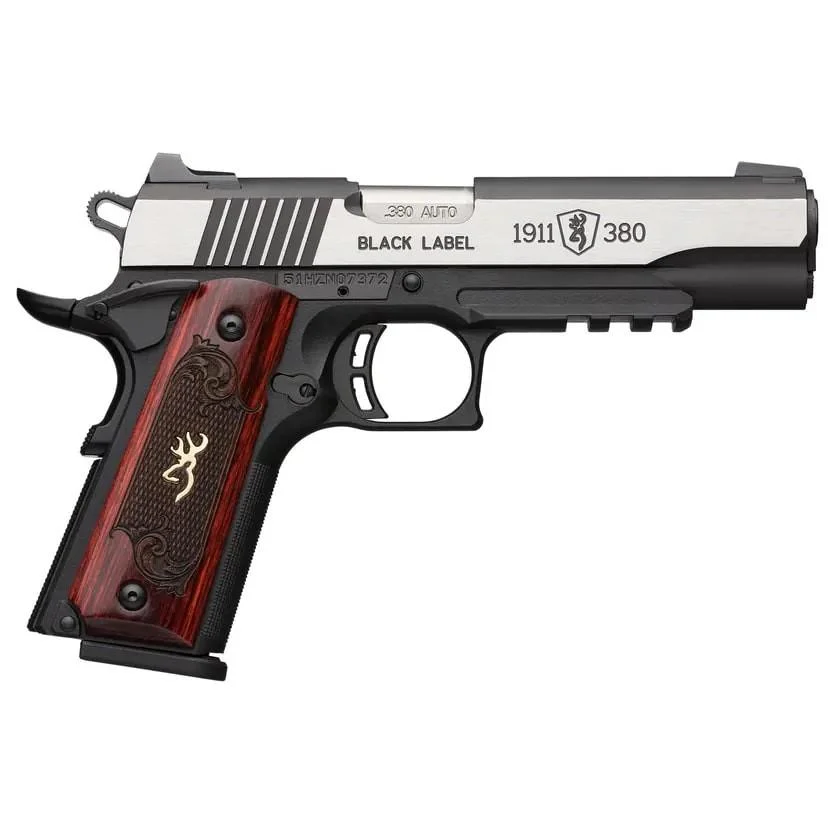 Browning 1911 380 Black Label Medallion Pro Handgun 380 ACP 8rd Magazine 3.625" Barrel Black with Silver Slide and Wood Grip Night Sights Accessory Rail 1 Browning 1911 380 Black Label Medallion Pro Handgun 380 ACP 8rd Magazine 3.625" Barrel Black with Silver Slide and Wood Grip Night Sights Accessory Rail
